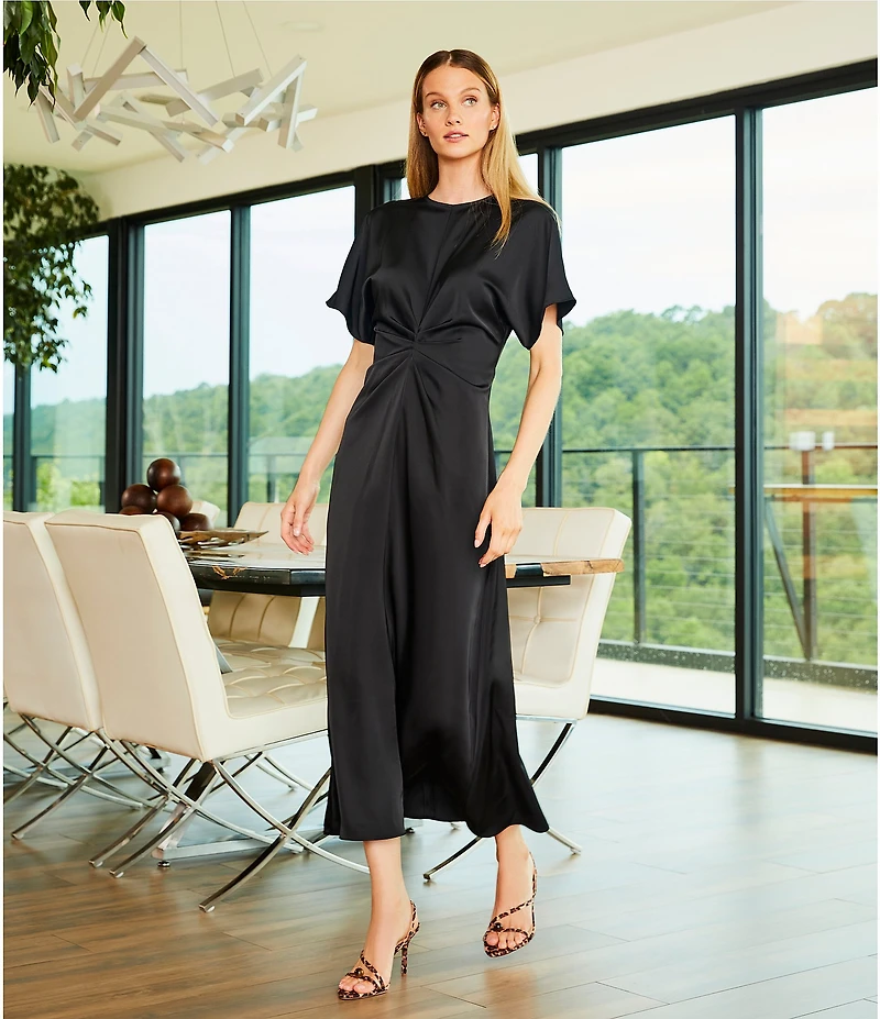 Antonio Melani Gabriella Crew Neck Short Sleeve Satin Maxi Dress