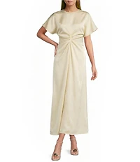 Antonio Melani Gabriella Satin Ruched Jewel Neck Short Sleeve Flounce Midi Dress