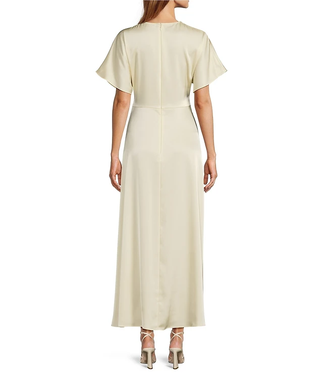 antonio melani gabriella crew neck short sleeve satin maxi dress Antonio Melani Gabriella Satin Ruched Jewel Neck Short Sleeve Flounce Midi  Dress at Hamilton Place in Chattanooga, TN