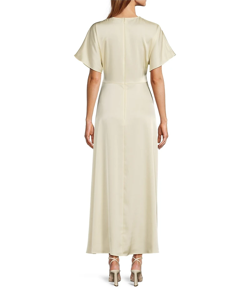 Antonio Melani Gabriella Satin Ruched Jewel Neck Short Sleeve Flounce Midi Dress