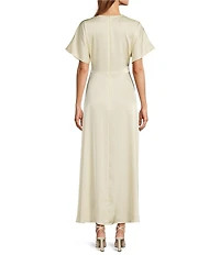 Antonio Melani Gabriella Satin Ruched Jewel Neck Short Sleeve Flounce Midi Dress