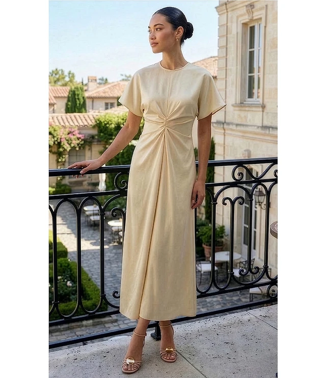 antonio melani gabriella crew neck short sleeve satin maxi dress Antonio Melani Gabriella Satin Ruched Jewel Neck Short Sleeve Flounce Midi  Dress at Hamilton Place in Chattanooga, TN