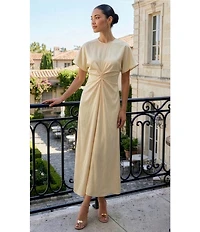 Antonio Melani Gabriella Satin Ruched Jewel Neck Short Sleeve Flounce Midi Dress