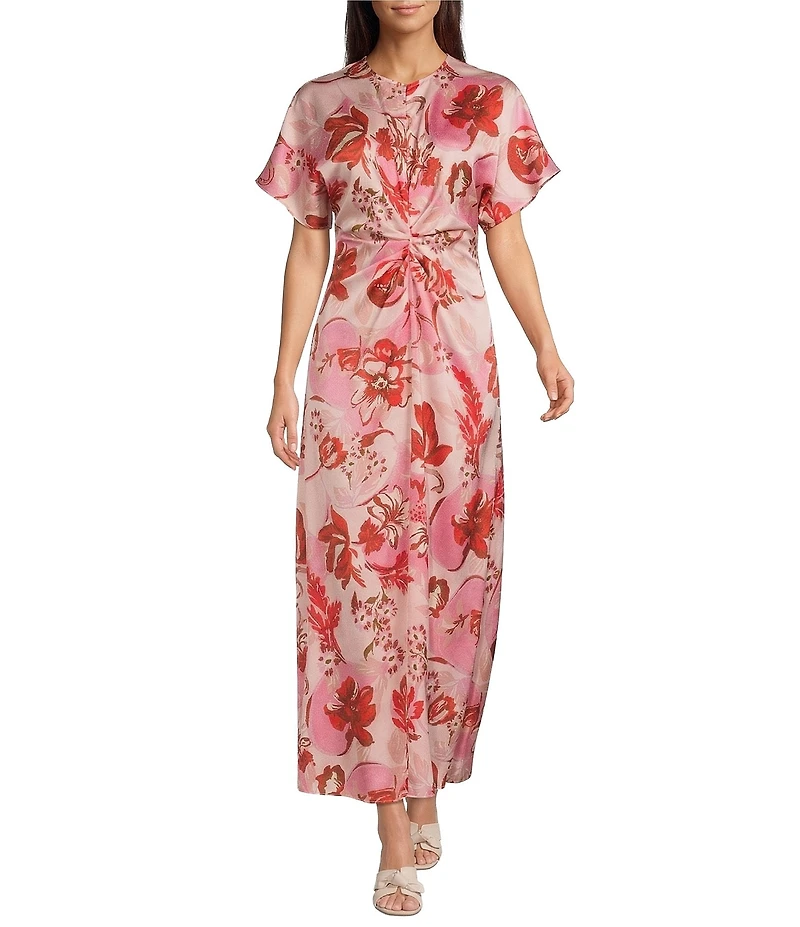 Antonio Melani Gabriella Satin Floral Print Ruched Crew Neck Short Sleeve A-Line Maxi Dress