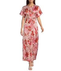 Antonio Melani Gabriella Satin Floral Print Ruched Crew Neck Short Sleeve A-Line Maxi Dress
