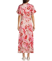 Antonio Melani Gabriella Satin Floral Print Ruched Crew Neck Short Sleeve A-Line Maxi Dress