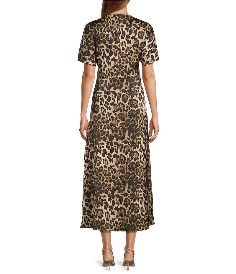 Antonio Melani Gabriella Satin Leopard Print Crew Neck Short Sleeve Maxi Dress
