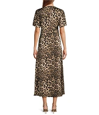 Antonio Melani Gabriella Satin Leopard Print Crew Neck Short Sleeve Maxi Dress