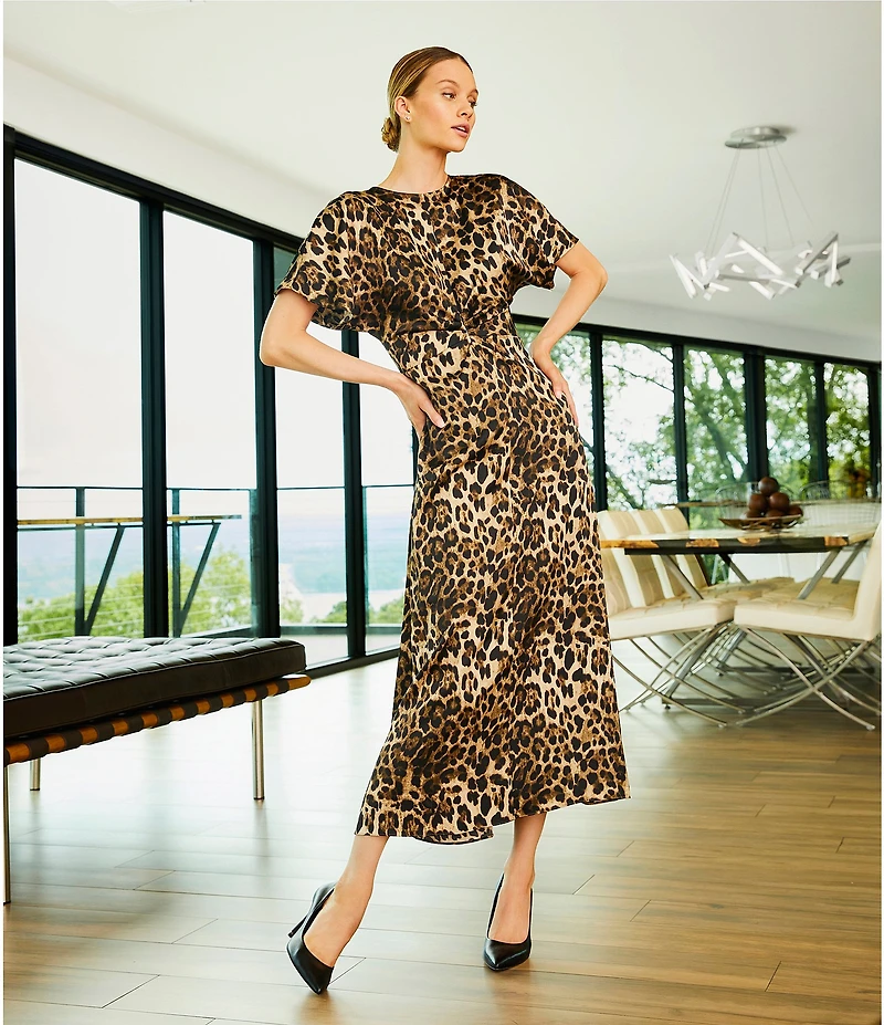 Antonio Melani Gabriella Satin Leopard Print Crew Neck Short Sleeve Maxi Dress