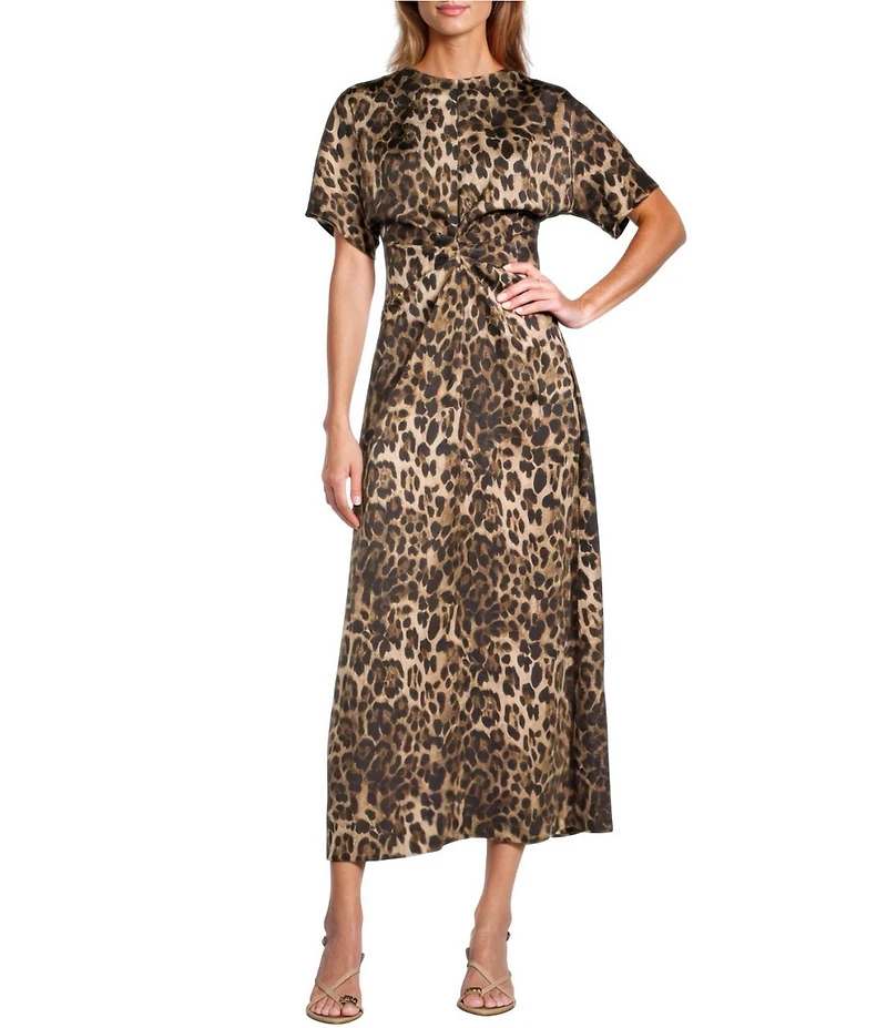 Antonio Melani Gabriella Satin Leopard Print Crew Neck Short Sleeve Maxi Dress