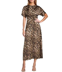 Antonio Melani Gabriella Satin Leopard Print Crew Neck Short Sleeve Maxi Dress