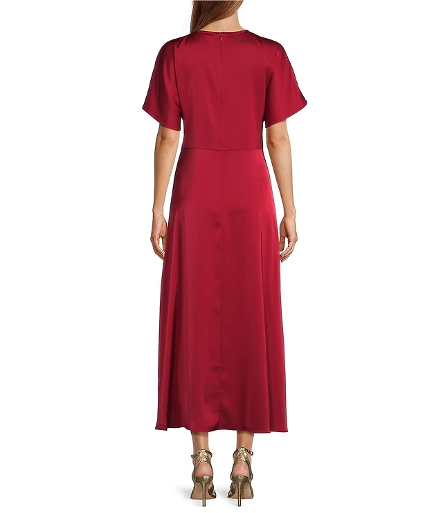 antonio melani gabriella crew neck short sleeve satin maxi dress Antonio Melani Gabriella Satin Ruched Jewel Neck Short Sleeve Flounce Midi  Dress at Hamilton Place in Chattanooga, TN