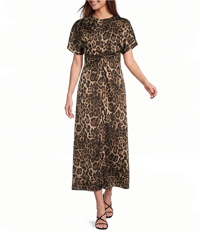 Antonio Melani Gabriella Satin Ruched Jewel Neck Short Sleeve Flounce Midi Dress