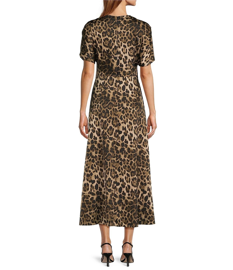 Antonio Melani Gabriella Satin Ruched Jewel Neck Short Sleeve Flounce Midi Dress