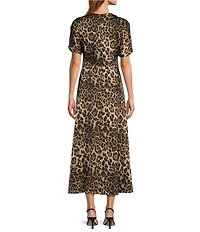 Antonio Melani Gabriella Satin Ruched Jewel Neck Short Sleeve Flounce Midi Dress