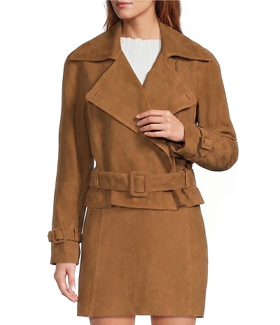 Antonio Melani Harper Genuine Suede Notch Lapel Double Breasted Belted Long Sleeve Coordinating Moto Jacket
