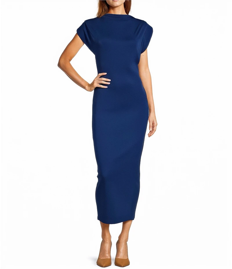Antonio Melani Harper Matte Jersey Mock Neck Dropped Cap Sleeve Midi Sheath Dress