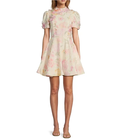 Antonio Melani Iris Linen Floral Print Mockneck Short Sleeve Dress