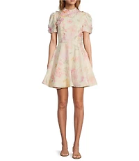 Antonio Melani Iris Linen Floral Print Mockneck Short Sleeve Dress