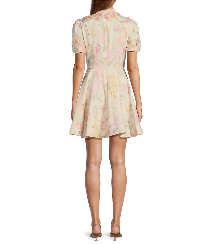 Antonio Melani Iris Linen Floral Print Mockneck Short Sleeve Dress