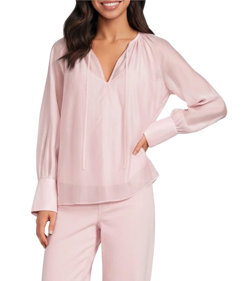 Antonio Melani Isla Luxe Sheer Round Keyhole Neckline Long Sleeve Tie Front Blouse