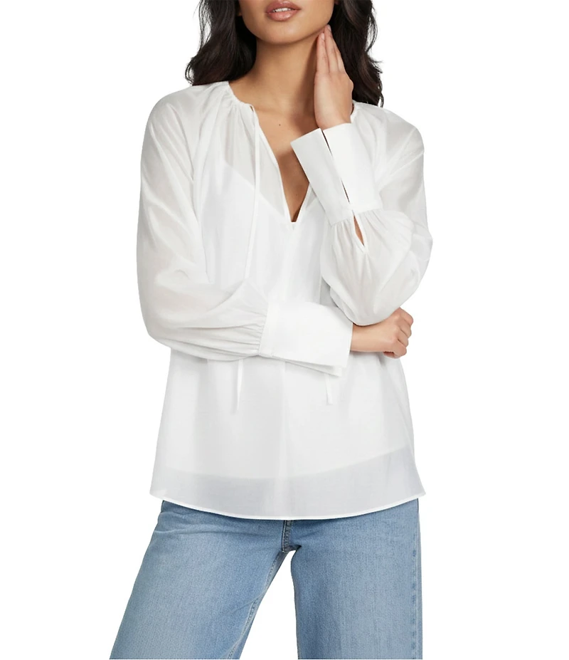 Antonio Melani Isla Luxe Sheer Round Keyhole Neckline Long Sleeve Tie Front Blouse