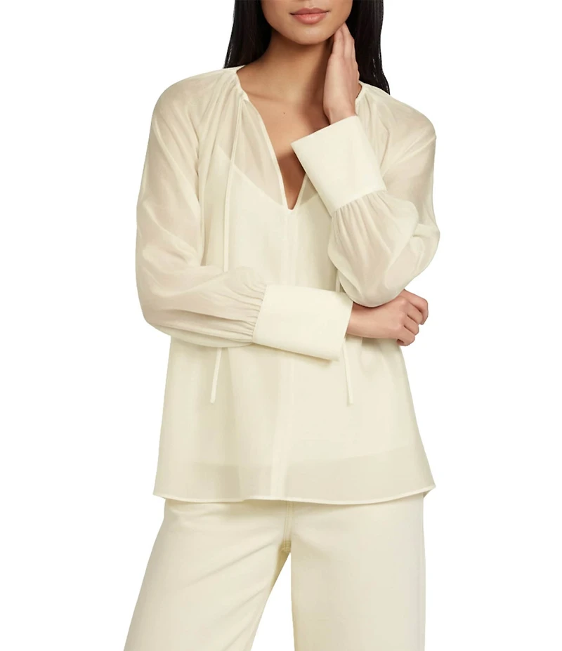 Antonio Melani Isla Luxe Sheer Round Keyhole Neckline Long Sleeve Tie Front Blouse