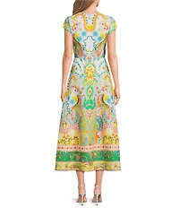 Antonio Melani Jackie Cotton Sateen Scarf Print Short Sleeve Keyhole Maxi Dress