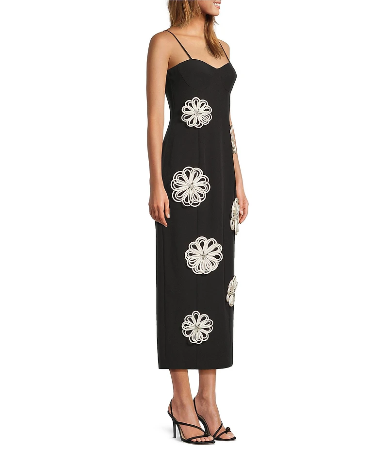 Antonio Melani Jolie Stretch Crepe Sweetheart Neck Floral Applique Sheath Midi Dress