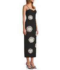 Antonio Melani Jolie Stretch Crepe Sweetheart Neck Floral Applique Sheath Midi Dress