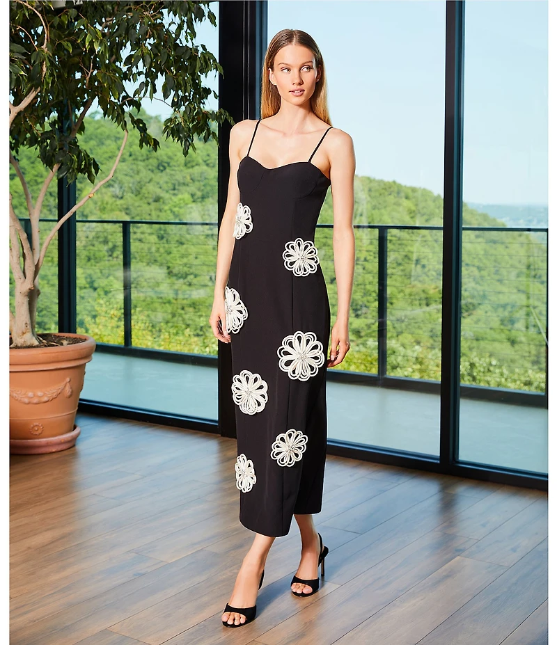 Antonio Melani Jolie Stretch Crepe Sweetheart Neck Floral Applique Sheath Midi Dress