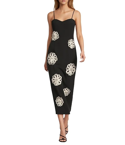 Antonio Melani Jolie Stretch Crepe Sweetheart Neck Floral Applique Sheath Midi Dress