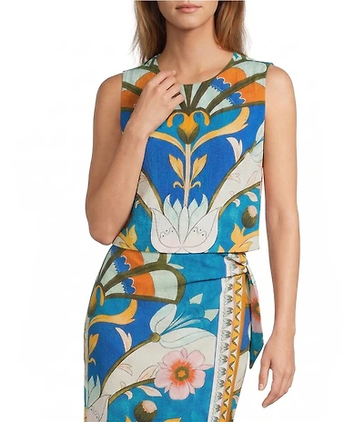 Antonio Melani Julietta Art Deco Print Crinkle Crepe Jewel Neck Sleeveless Coordinating Blouse