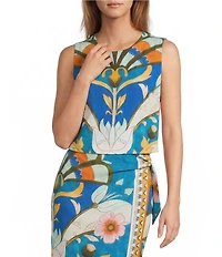 Antonio Melani Julietta Art Deco Print Crinkle Crepe Jewel Neck Sleeveless Coordinating Blouse