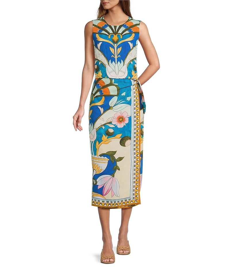 Antonio Melani Julietta Art Deco Print Crinkle Crepe Jewel Neck Sleeveless Coordinating Blouse