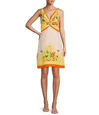 Antonio Melani Kacey Fruit Printed Linen V-Neck Sleeveless A-Line Dress