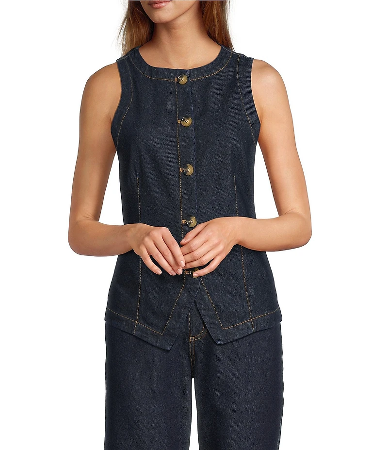 Antonio Melani Katie Denim Round Neck Sleeveless Button Front Vest