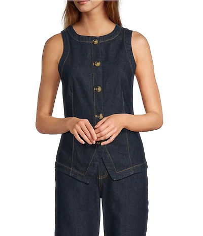 Antonio Melani Katie Denim Round Neck Sleeveless Button Front Vest