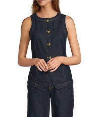 Antonio Melani Katie Denim Round Neck Sleeveless Button Front Vest
