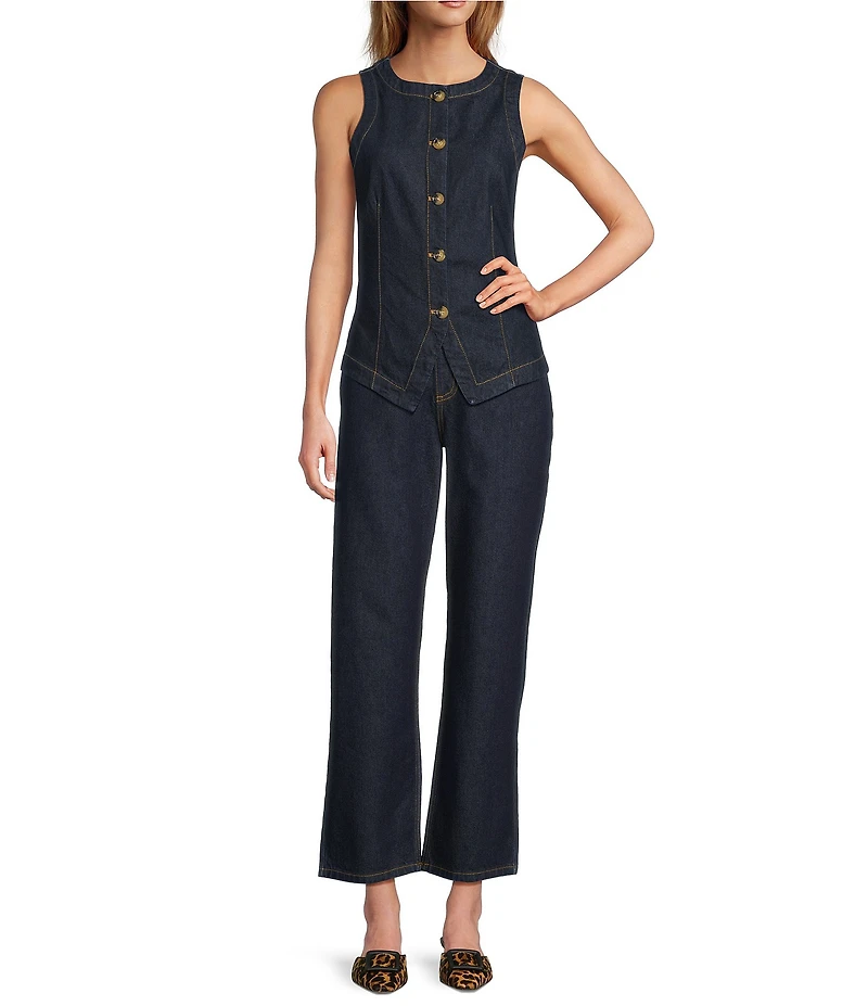 Antonio Melani Katie Denim Round Neck Sleeveless Button Front Vest