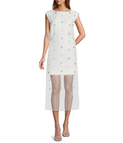 Antonio Melani Khole Sheer Jeweled Organza Boat Neck Shift Dress
