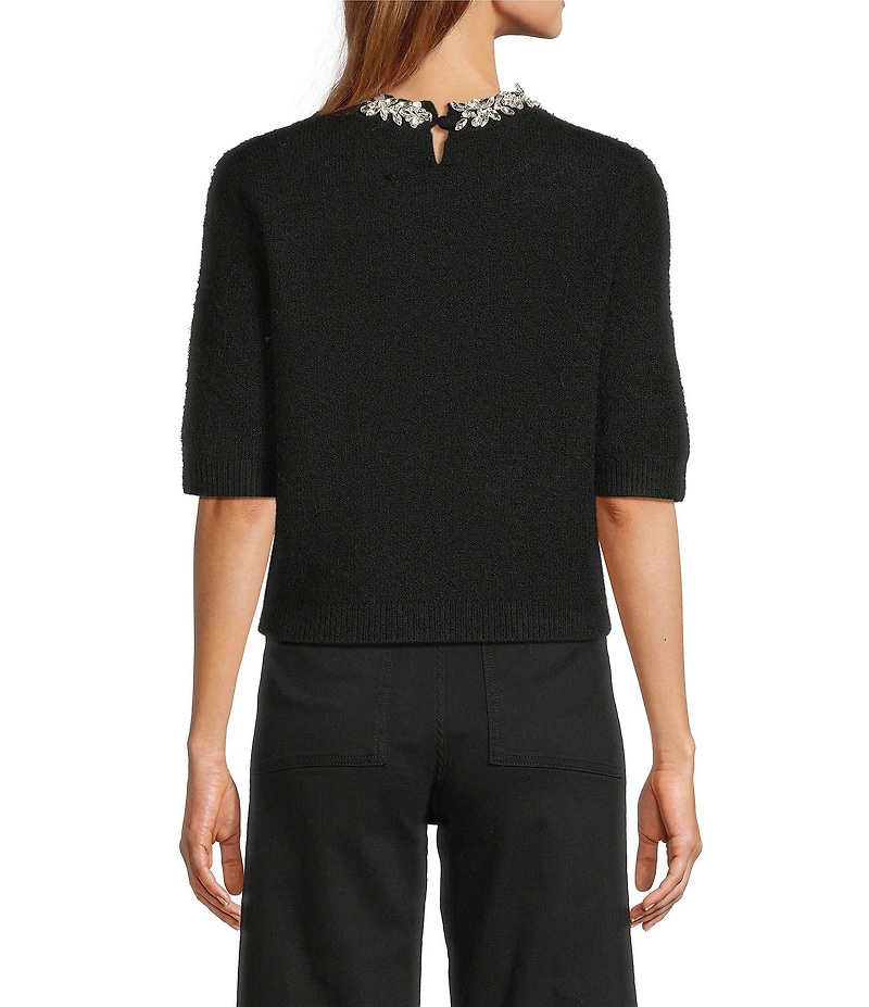 Antonio Melani Kourtney Wool Blend Jeweled Crew Neckline Short Sleeve Sweater