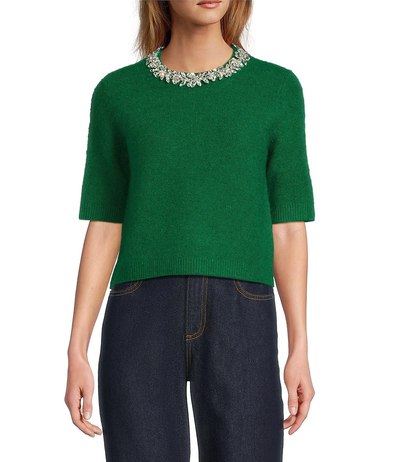 Antonio Melani Kourtney Wool Blend Jeweled Crew Neckline Short Sleeve Sweater