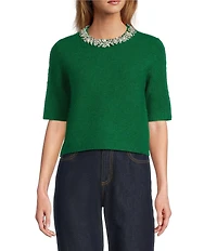 Antonio Melani Kourtney Wool Blend Jeweled Crew Neckline Short Sleeve Sweater