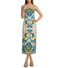 Antonio Melani Lainey Art Deco Print Linen Square Neck Sleeveless Sheath Midi Dress