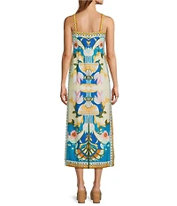 Antonio Melani Lainey Art Deco Print Linen Square Neck Sleeveless Sheath Midi Dress