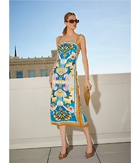 Antonio Melani Lainey Art Deco Print Linen Square Neck Sleeveless Sheath Midi Dress