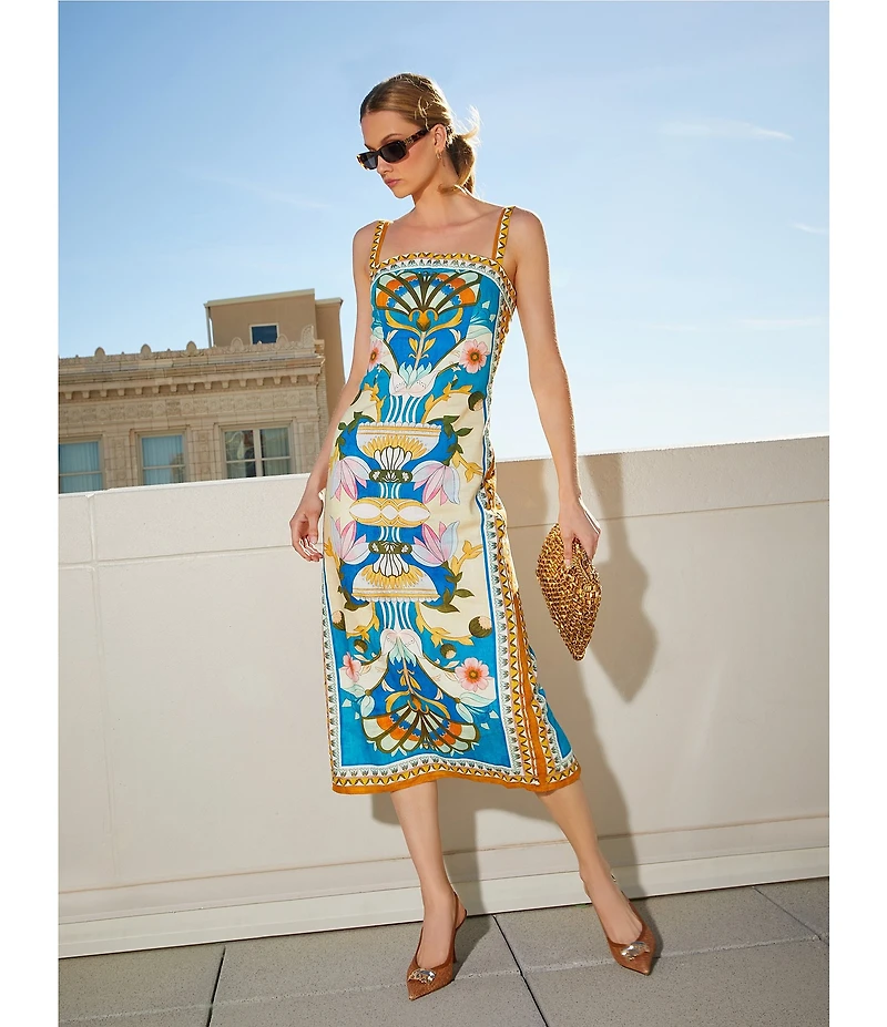 Antonio Melani Lainey Art Deco Print Linen Square Neck Sleeveless Sheath Midi Dress