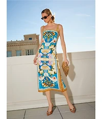 Antonio Melani Lainey Art Deco Print Linen Square Neck Sleeveless Sheath Midi Dress