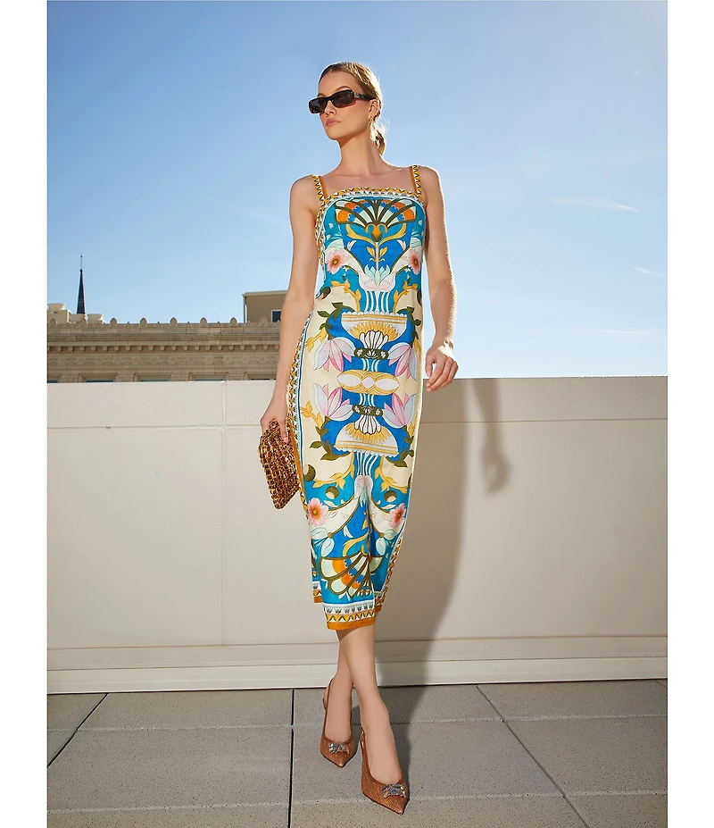 Antonio Melani Lainey Art Deco Print Linen Square Neck Sleeveless Sheath Midi Dress
